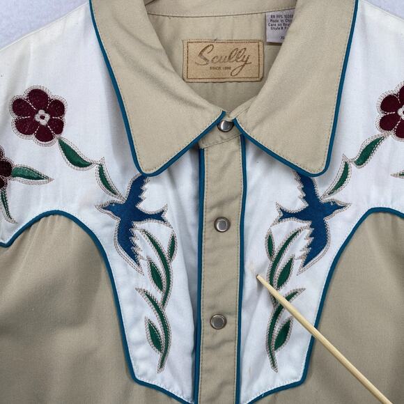 SCULLY Shirt Mens XL Floral Pearl Snap Button Up Western Cowboy Twill Beige - Picture 12 of 16